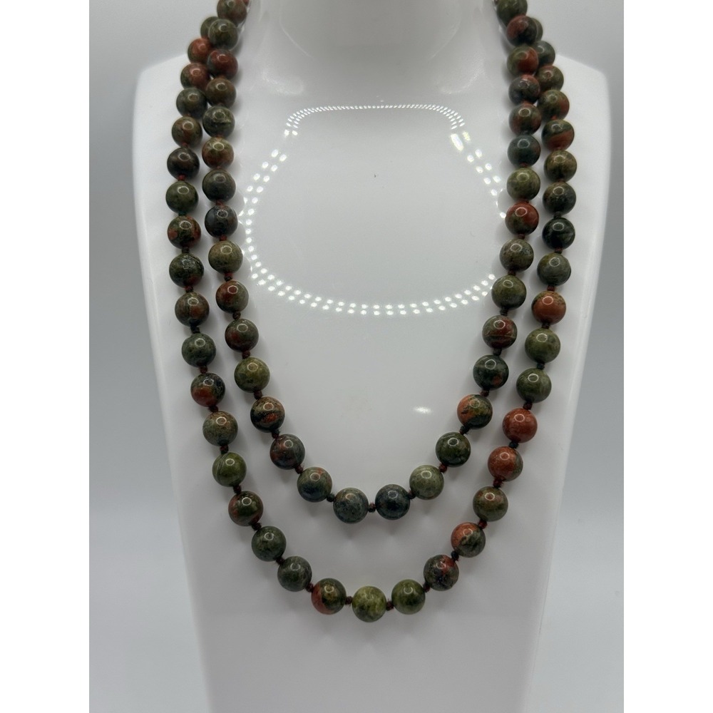Vintage Unakite Jasper Beaded Necklace Natural Stone Green Pink Hand Knotted 31"